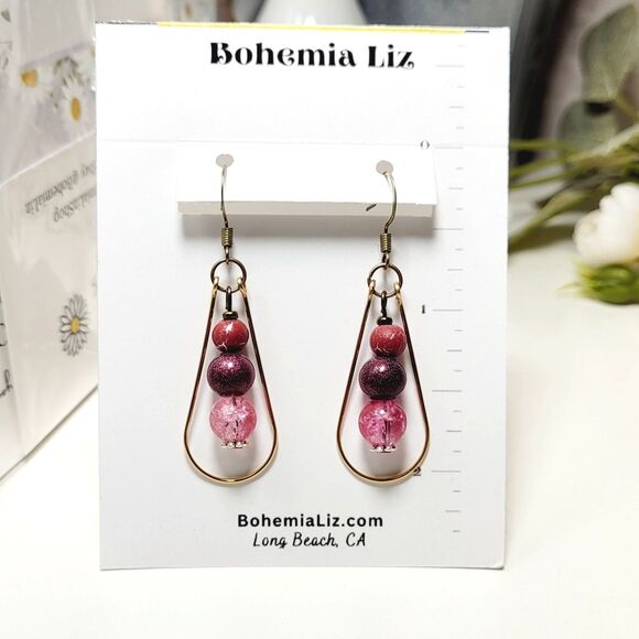 artisan earrings 360#mfs Teardrop earrings Mauve Pink glass mix of beads, teardr - Picture 2 of 5